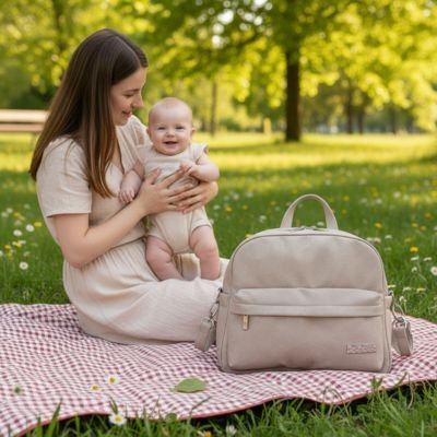 Sac à couches multifonction avec compartiment principal large et poche avant, design pastel élégant pour maman et papa
