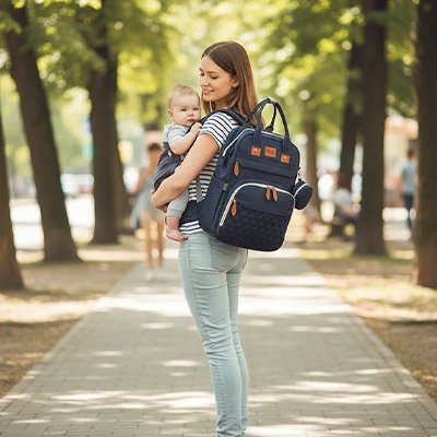 Sac à dos à langer bleu marin multifonction avec lit de voyage portable pour bébé, fond matelassé, rangements pour couches et biberons,