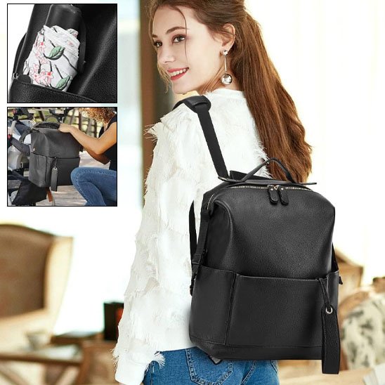 Sac à dos à langer noir en matière synthétique, bretelles ajustables et bandoulière amovible, porté sac à dos ou sac à main