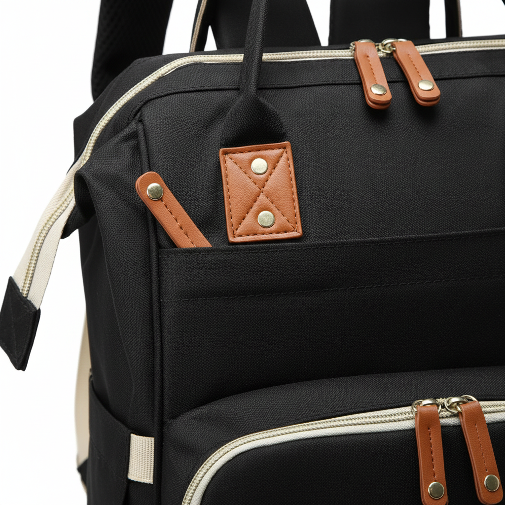 Sac à dos à langer en nylon résistant avec fermetures solides design moderne noir ou vert