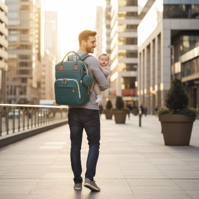 Sac à dos à langer, Papa portant un sac à dos à langer ergonomique avec bébé lors d’une promenade en ville