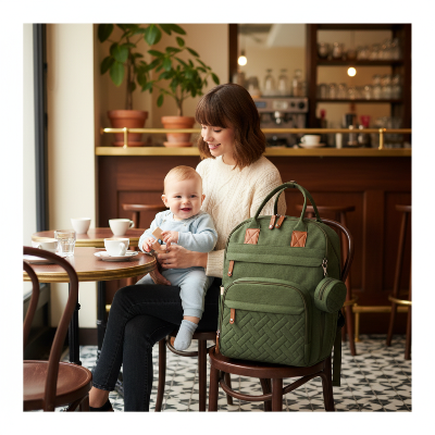 Sac à dos à langer vert pliable avec matelas pour changer bébé et maman sortie au café