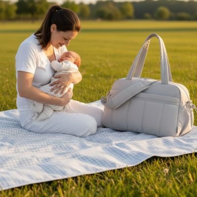 Sac a langer à main ou épaule design élégant ivoire avec compartiments extérieurs pour accès rapide aux essentiels bébé
