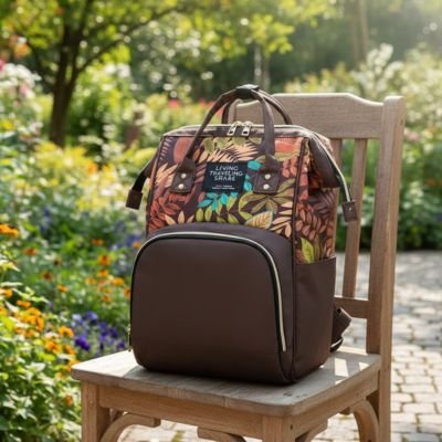 Sac a langer bicolore marron avec motifs graphiques, grande capacité et double compartiment pratique pour sorties avec bébé