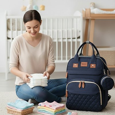 Sac a langer bleu marin transformable en lit de voyage