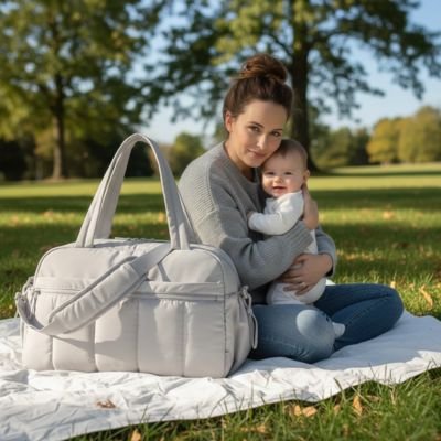 Sac a langer matelassé ivoire pratique et stylé avec multiples poches pour organiser les affaires de bébé lors des sorties