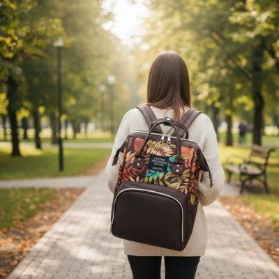 Sac a langer multifonction marron foncé avec poche frontale spacieuse et design moderne pour maman et bébé en déplacement