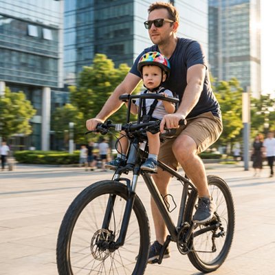 Siège vélo enfant confortable avec dossier rembourré, harnais intégré et système de fixation stable entre selle et guidon