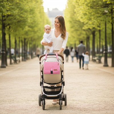Tapis à langer nomade avec Maman utilisant un tapis à langer portable rose lors d'une promenade avec bébé