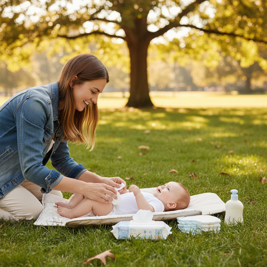 Tapis à langer nomade motifs d'ours dans une sortie au parc bebe et maman