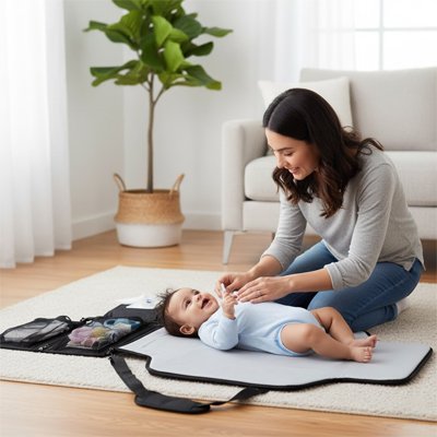 Tapis à langer nomade portable compact et imperméable avec rangement intégré pour bébé lors des déplacements