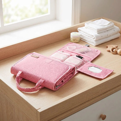 Tapis à langer nomade portable rose avec nombreuses poches de rangement pour bébé