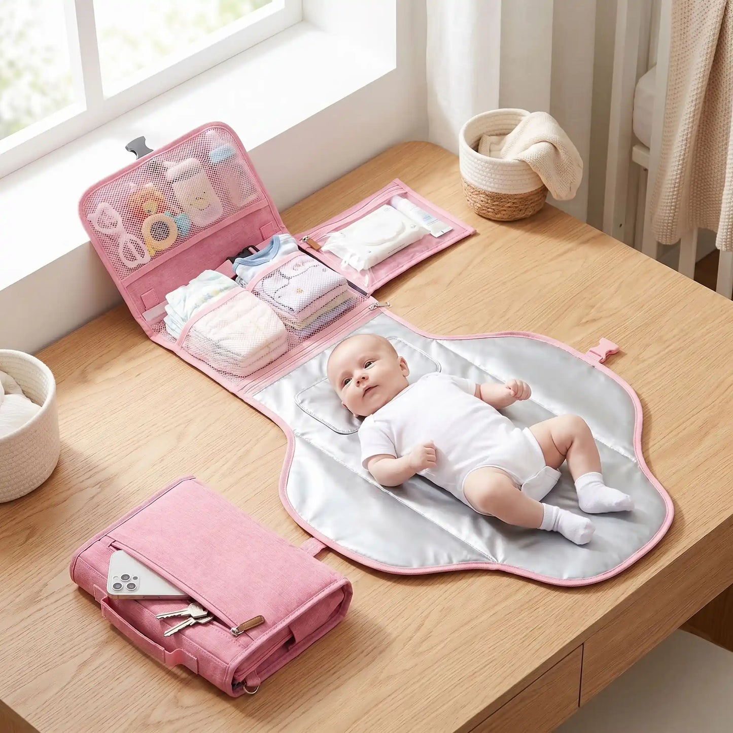 Tapis à langer nomade portable rose pratique comme sac de voyage pour bébé avec rangements 