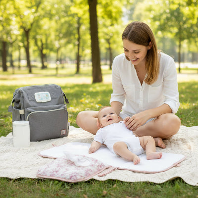 Tapis à langer nomade rose avec bébé et maman dans une sortie au parc