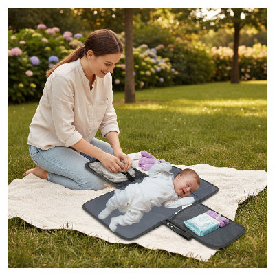 Tapis à langer nomade Bébé installé sur un tapis à langer nomade rose lors d'un change en extérieur