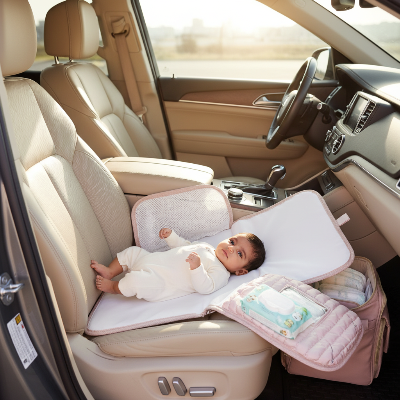 Tapis à langer nomade dans une voyage en voiture bébé couche sur la chaise sur le tapis à langer nomade