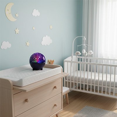 Veilleuse bébé à projection étoilée multicolore créant un ciel étoilé apaisant avec étoiles et lunes sur les murs et le plafond